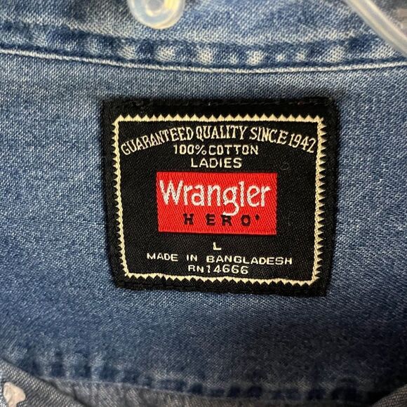 Primitive Snowman Denim Button Front Shirt Christmas Winter Wrangler Hero Large - Picture 6 of 7